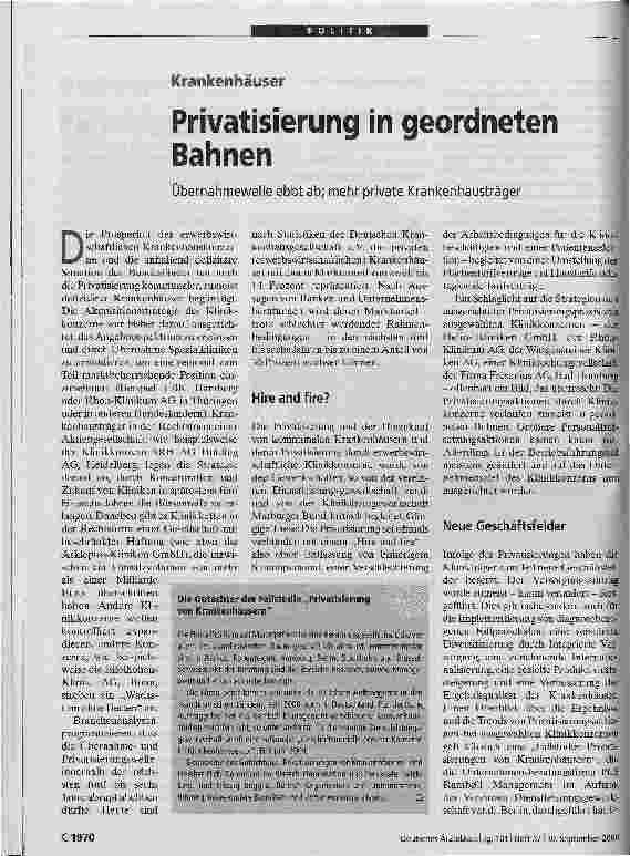 Vorschauseite 1: Privatisierung in geordneten BahnenÜbernahmewelle ebbt ab; mehr private Krankenhausträger