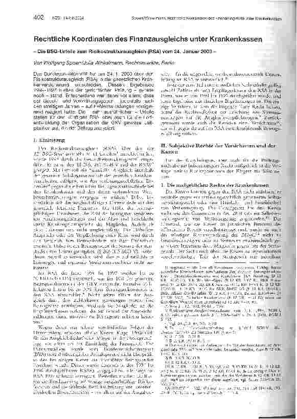 Vorschauseite 1: Rechtliche Koordinaten des Finanzausgleichs unter Krankenkassen-Die BSG-Urteile zum Risikostrukturausgleich (RSA) vom 24. Januar 2003 -