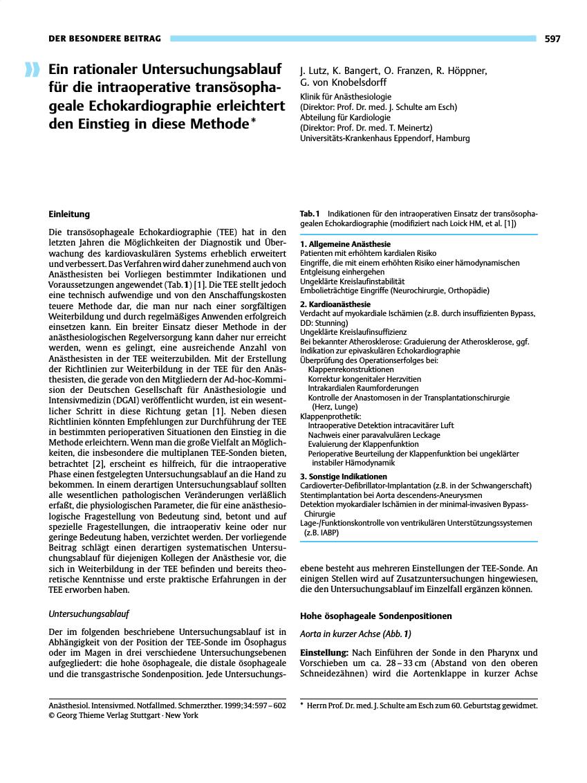 Vorschauseite 1: Ein rationaler Untersuchungsablauf für die intraoperative transösophageale Echokardiographie erleichtert den Einstieg in diese Methode*