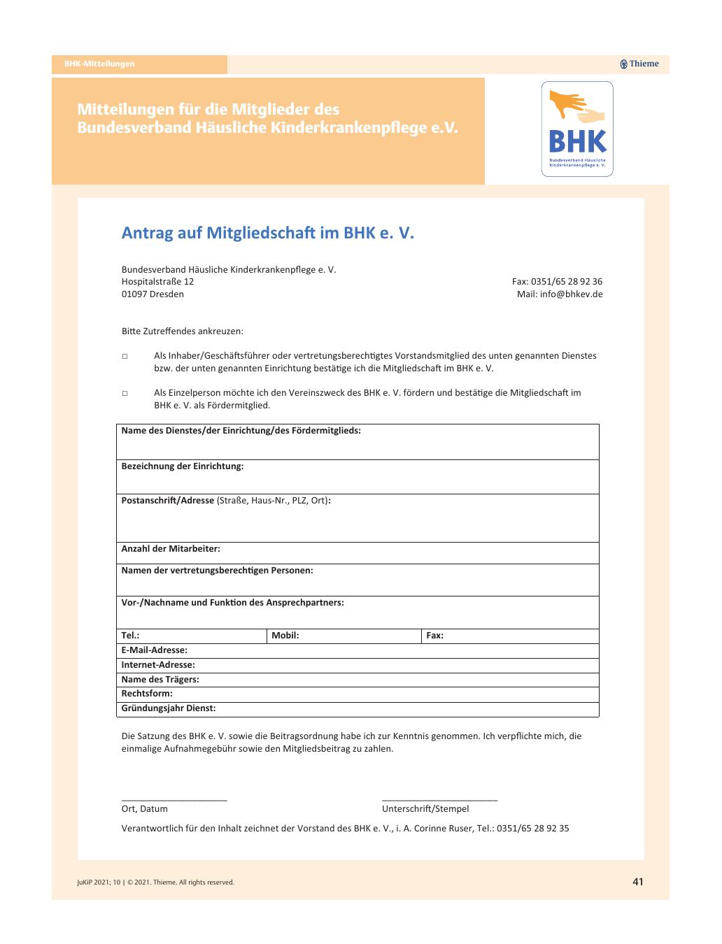 Vorschauseite 1: Antrag auf Mitgliedschaft im BHK e. V.