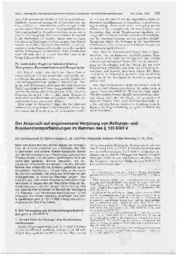 Vorschauseite 1: Der Anspruch auf angemessene Vergütung von Rettungsund Krankentransportleistungen im Rahmen des § 133 SGB V