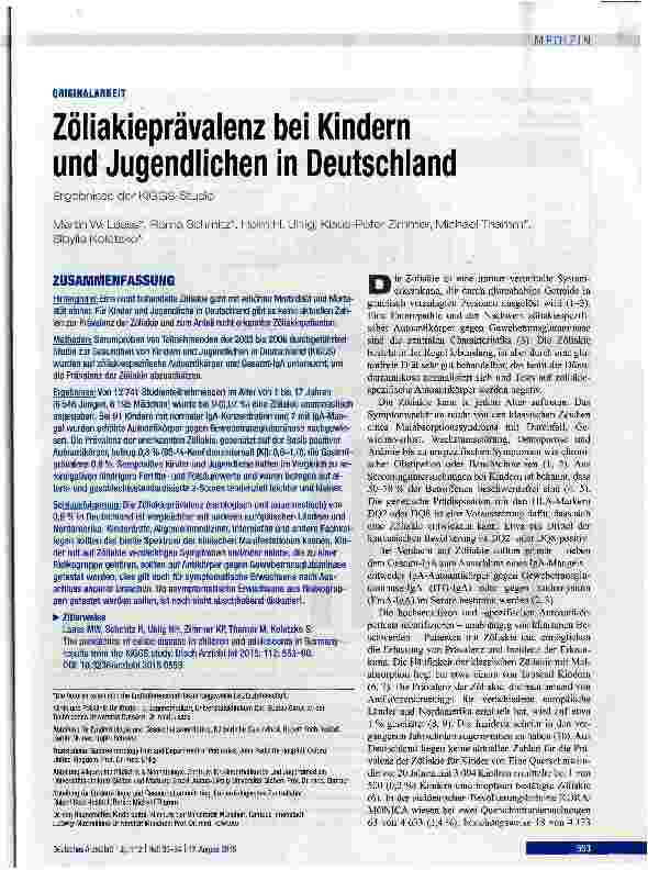 Vorschauseite 1: Zöliakieprävalenz bei Kindern und Jugendlichen in DeutschlandErgebnisse der KiGGS-Studie