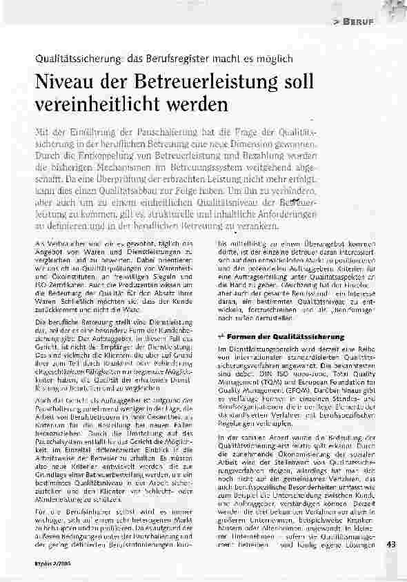 Vorschauseite 1: Qualitätssicherung: das Berufsregister macht es möglichNiveau der Betreuerleistung soll vereinheitlicht werden