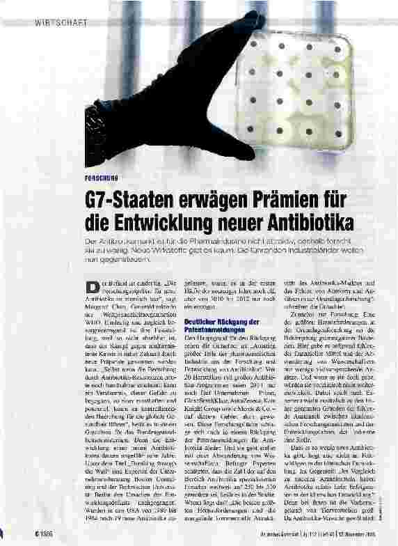 Vorschauseite 1: G7-Staaten erwägen Prämien für die Entwicklung neuer Antibiotika