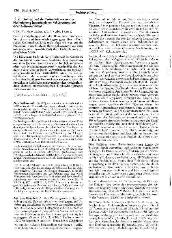 Vorschauseite 1: Zur Zulässigkeit der Präsentation eines als Nachahmung beanstandeten Keksprodukts auf einer Süßwarenmesse UWG 5 4 Nr. 9 Buchst, a, b, § 8 Abs. 1 Satz 2
