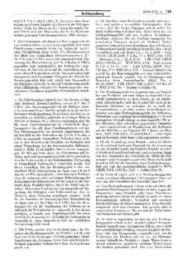 Vorschauseite 2: Zur Zulässigkeit der Präsentation eines als Nachahmung beanstandeten Keksprodukts auf einer Süßwarenmesse UWG 5 4 Nr. 9 Buchst, a, b, § 8 Abs. 1 Satz 2