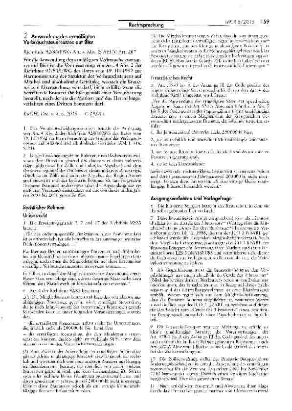 Vorschauseite 1: Anwendung des ermäßigten Verbrauchsteuersatzes auf Bier Richtlinie 92/83/EWG Art. 4 Abs. 2; AEUV Art. 267