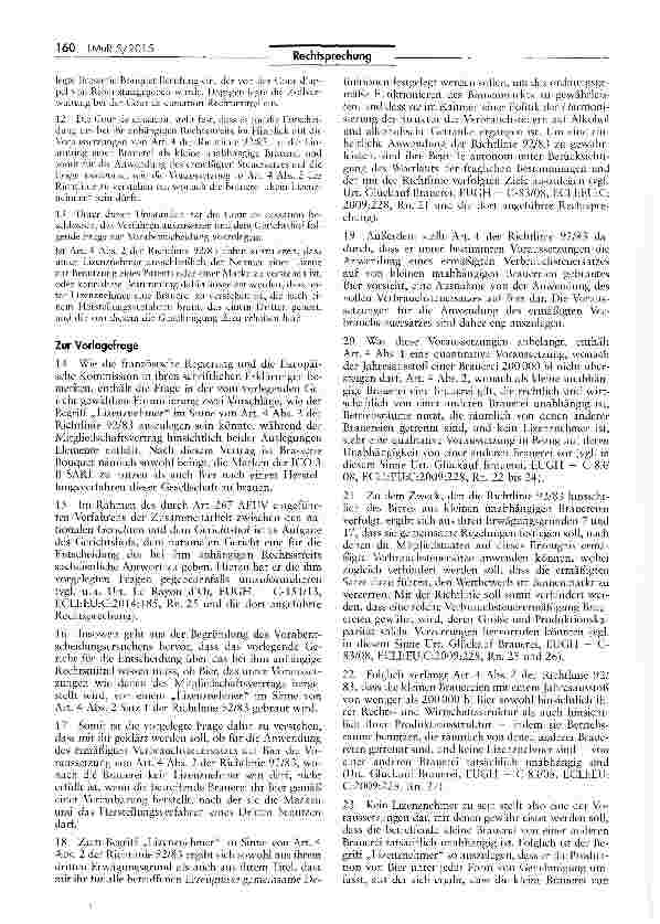 Vorschauseite 2: Anwendung des ermäßigten Verbrauchsteuersatzes auf Bier Richtlinie 92/83/EWG Art. 4 Abs. 2; AEUV Art. 267