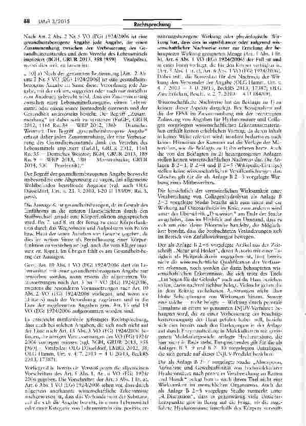 Vorschauseite 3: Wettbewerbswidrigkeif einer Werbung mit gesundheitsbezogenen Angaben ahne .nachwUWG S§ 8, 3, 4 Nr. 11; VO (EG) 1924/2006 Art. 10