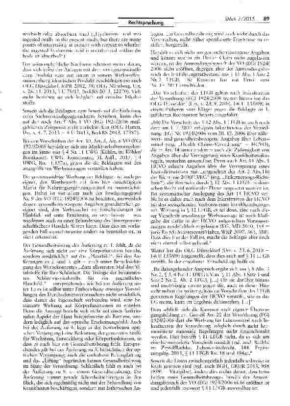 Vorschauseite 4: Wettbewerbswidrigkeif einer Werbung mit gesundheitsbezogenen Angaben ahne .nachwUWG S§ 8, 3, 4 Nr. 11; VO (EG) 1924/2006 Art. 10