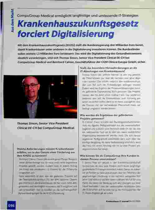 Vorschauseite 1: Markt CompuGroup Medical ermöglicht langfristige und umfassende IT-Strategien. Krankenhauszukunftsgesetz forciert Digitalisierung.