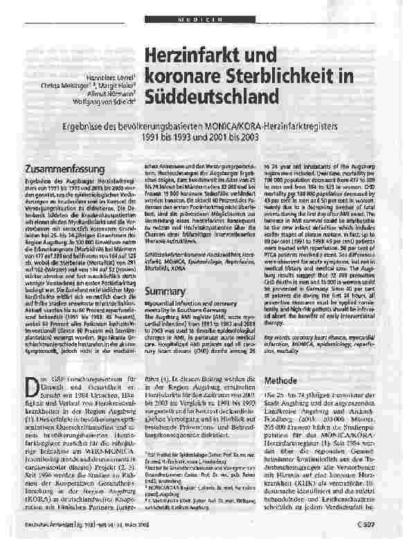 Vorschauseite 1: Herzinfarkt und koronare Sterblichkeit in SüddeutschlandErgebnisse des bevölkerungsbasierten MONICA/KORA-Herzinfarktregisters1991 bis 1993 und 2001 bis 2003