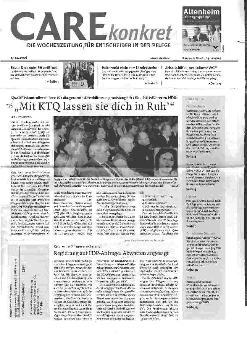 Vorschauseite 1: Qualitätskontrollverfahren für die gesamte Altenhilfe nun praxistauglich / Geschäftsführer zu MDK: Mit KTQ lassen sie dich in Ruh