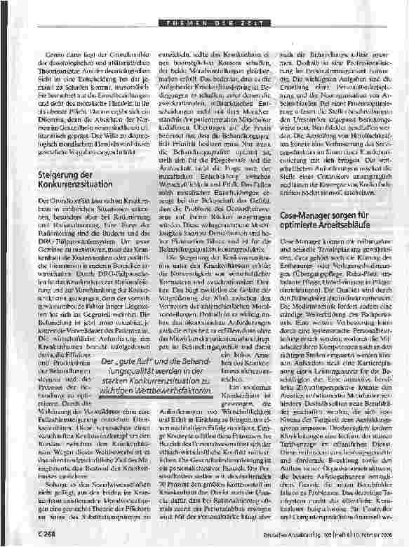 Vorschauseite 2: Behandlungsqualität -oberste PrioritätKrankenhäuser sind gezwungen, die Anforderungen von Wirtschaft und Ethik miteinander in Einklang zu bringen.