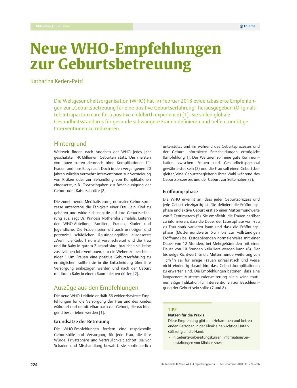 Vorschauseite 1: Neue WHO-Empfehlungen zur Geburtsbetreuung