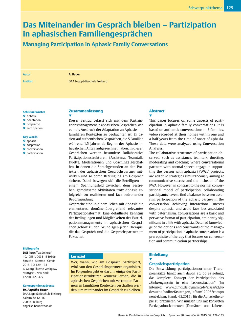 Vorschauseite 1: Das Miteinander im Gespräch bleiben – Partizipation in aphasischen Familiengesprächen