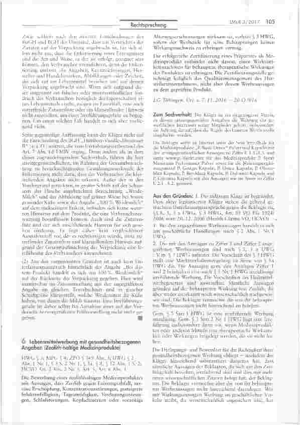 Vorschauseite 1: Lebensmittelwerbung mit gesundheitsbezogenen Angaben (Zeolith-haltige Medizinprodukte)