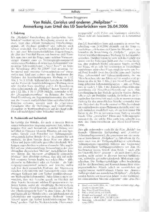 Vorschauseite 1: Von Reishi, Coriolus und anderen Heilpilzen -Anmerkung zum Urteil des LG Saarbrücken vom 26.04.2006