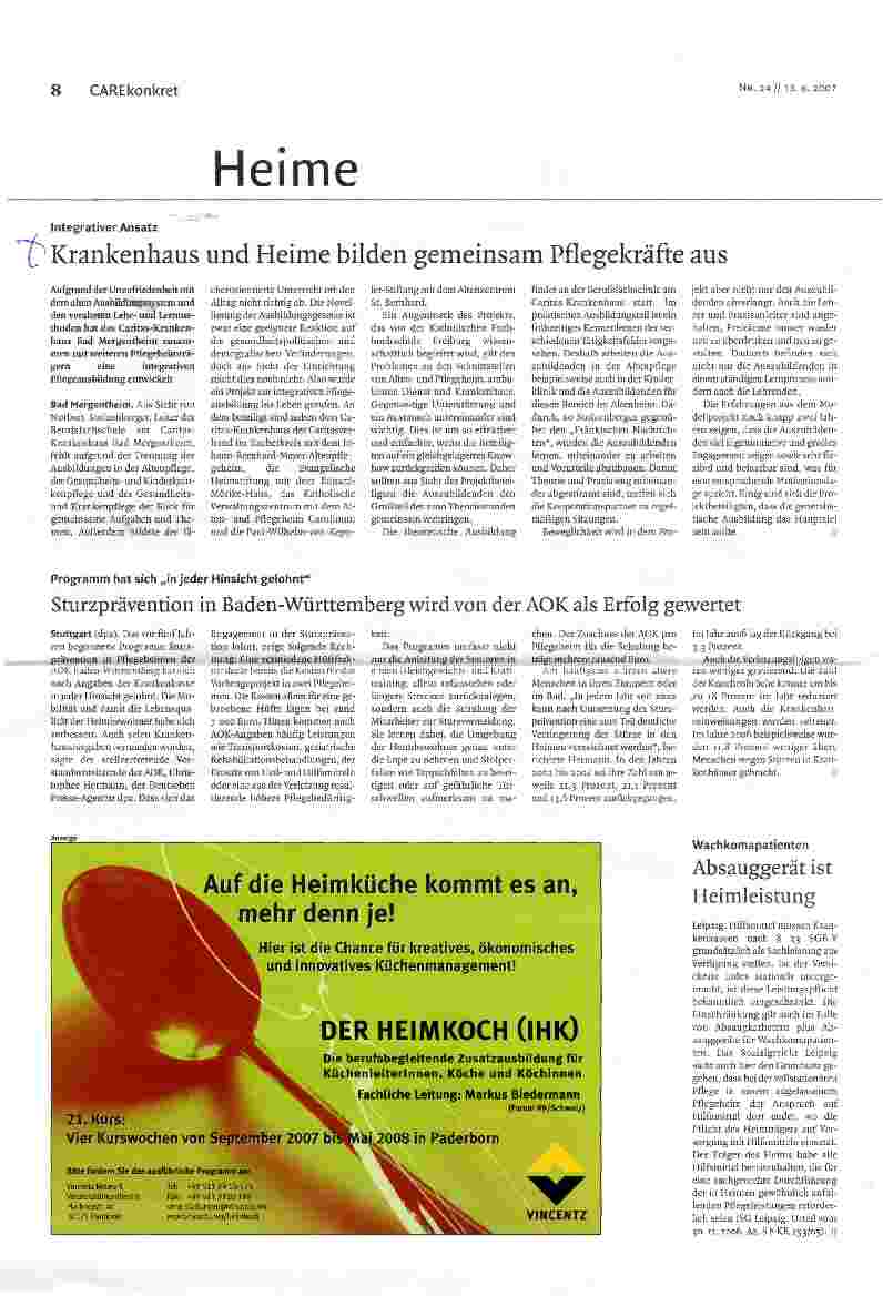 Vorschauseite 1: Krankenhaus und Heime bilden gemeinsam Pflegekräfte aus