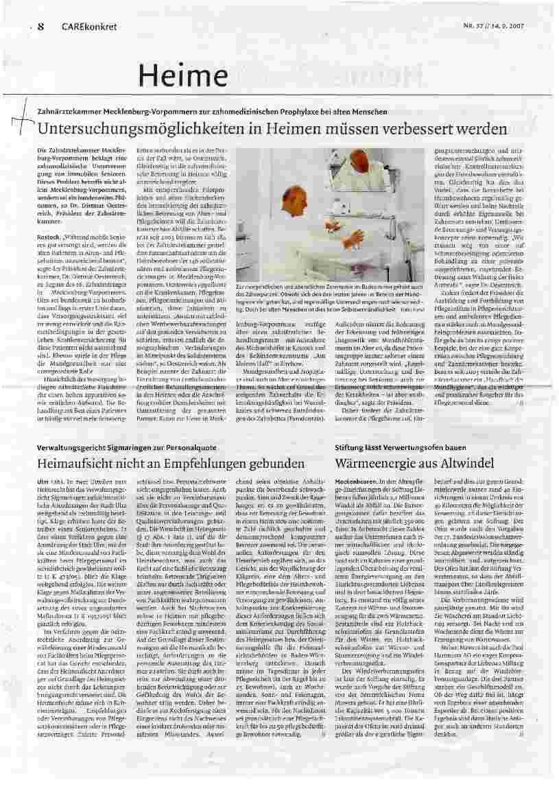 Vorschauseite 1: Untersuchungsmöglichkeiten in Heimen müssen verbessert werden