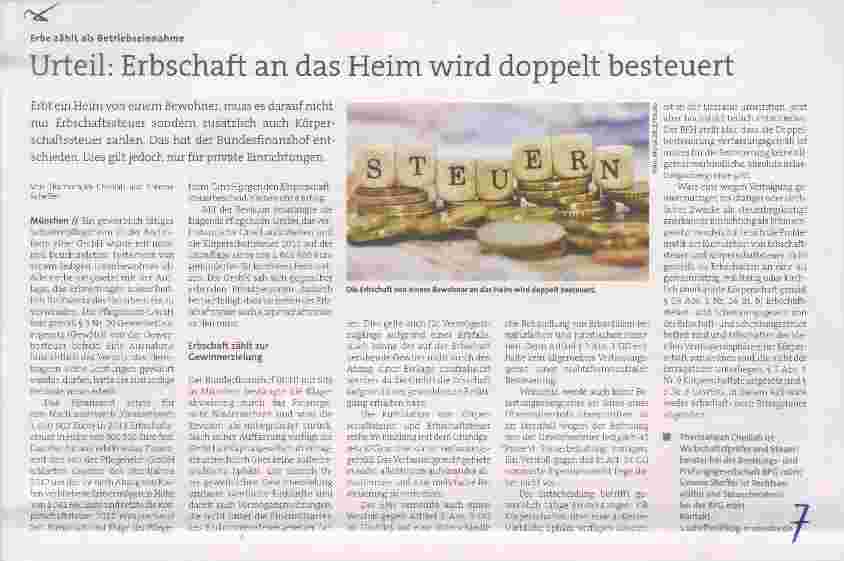 Vorschauseite 1: Urteil: Erbschaft an das Heim wird doppelt besteuert