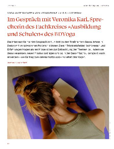Vorschauseite 1: Im Gespräch mit Veronika Karl, Sprecherin des Fachkreises »Ausbildung und Schulen« des BDYoga.
