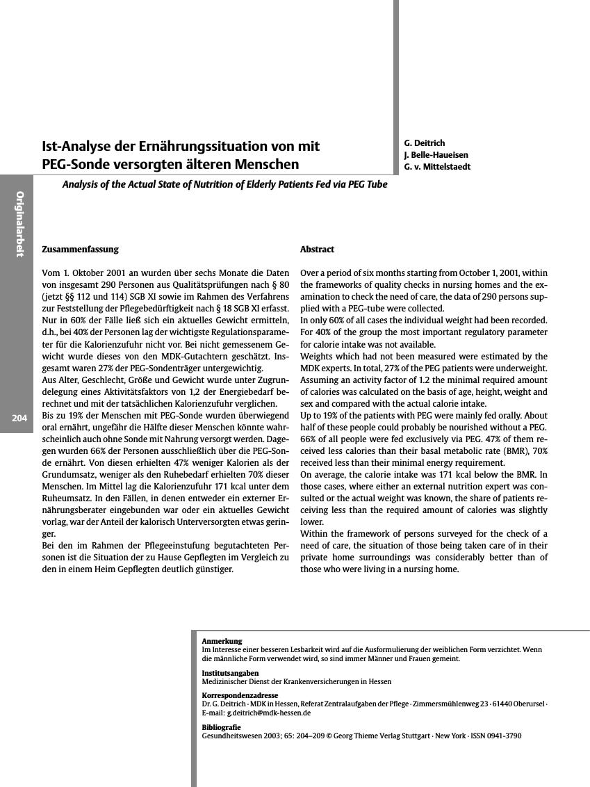 Vorschauseite 1: Ist-Analyse der Ernährungssituation von mit PEG-Sonde versorgten älteren Menschen