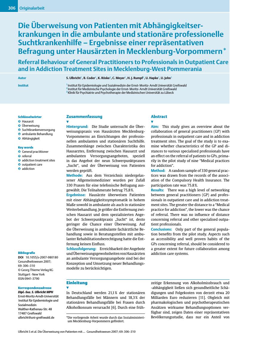 Vorschauseite 1: Die Überweisung von Patienten mit Abhängigkeitserkrankungen in die ambulante und stationäre professionelle Suchtkrankenhilfe - Ergebnisse einer repräsentativen Befragung unter Hau…