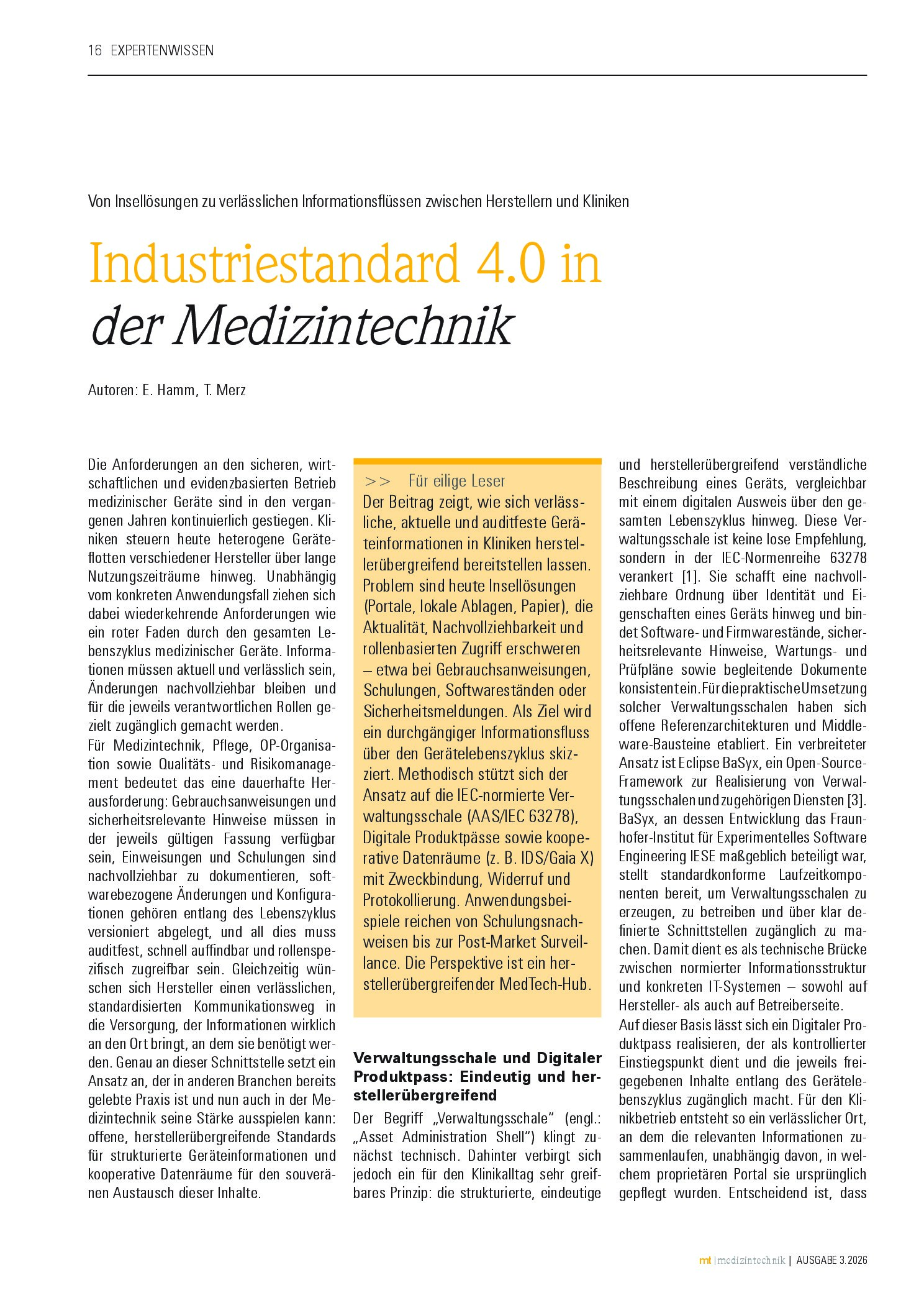 Vorschauseite 1: Industriestandard 4.0 in der Medizintechnik