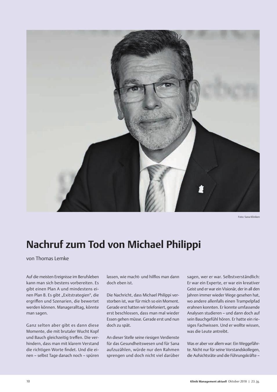 Vorschauseite 1: Nachruf zum Tod von Michael Philippi