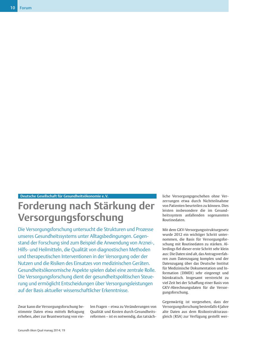 Vorschauseite 1: Deutsche Gesellschaft für Gesundheitsökonomie e.?V. ? Forderung nach Stärkung der Versorgungsforschung