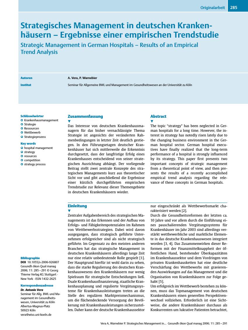 Vorschauseite 1: Strategisches Management in deutschen Krankenhäusern - Ergebnisse einer empirischen Trendstudie