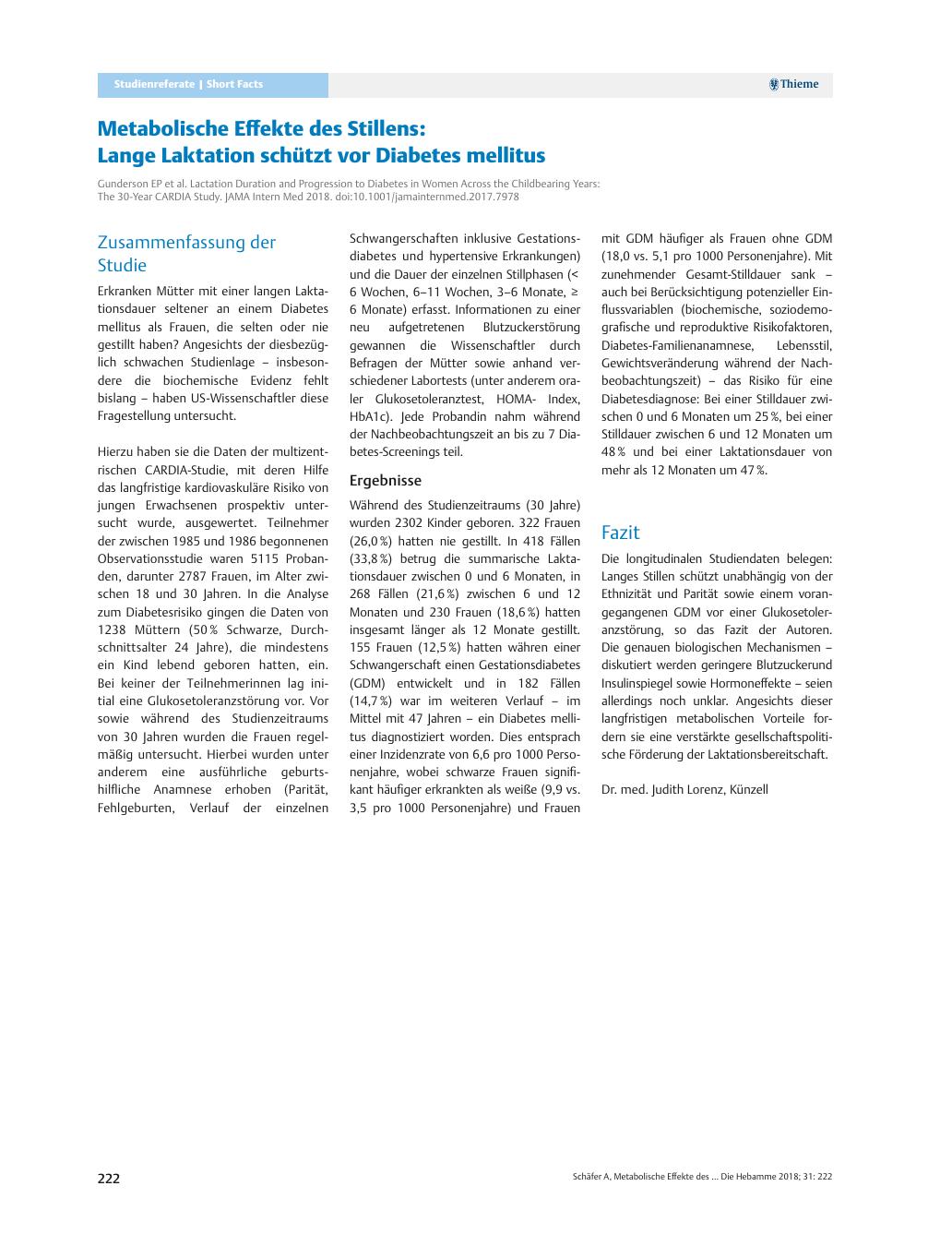 Vorschauseite 1: Metabolische Effekte des Stillens: Lange Laktation schützt vor Diabetes mellitus