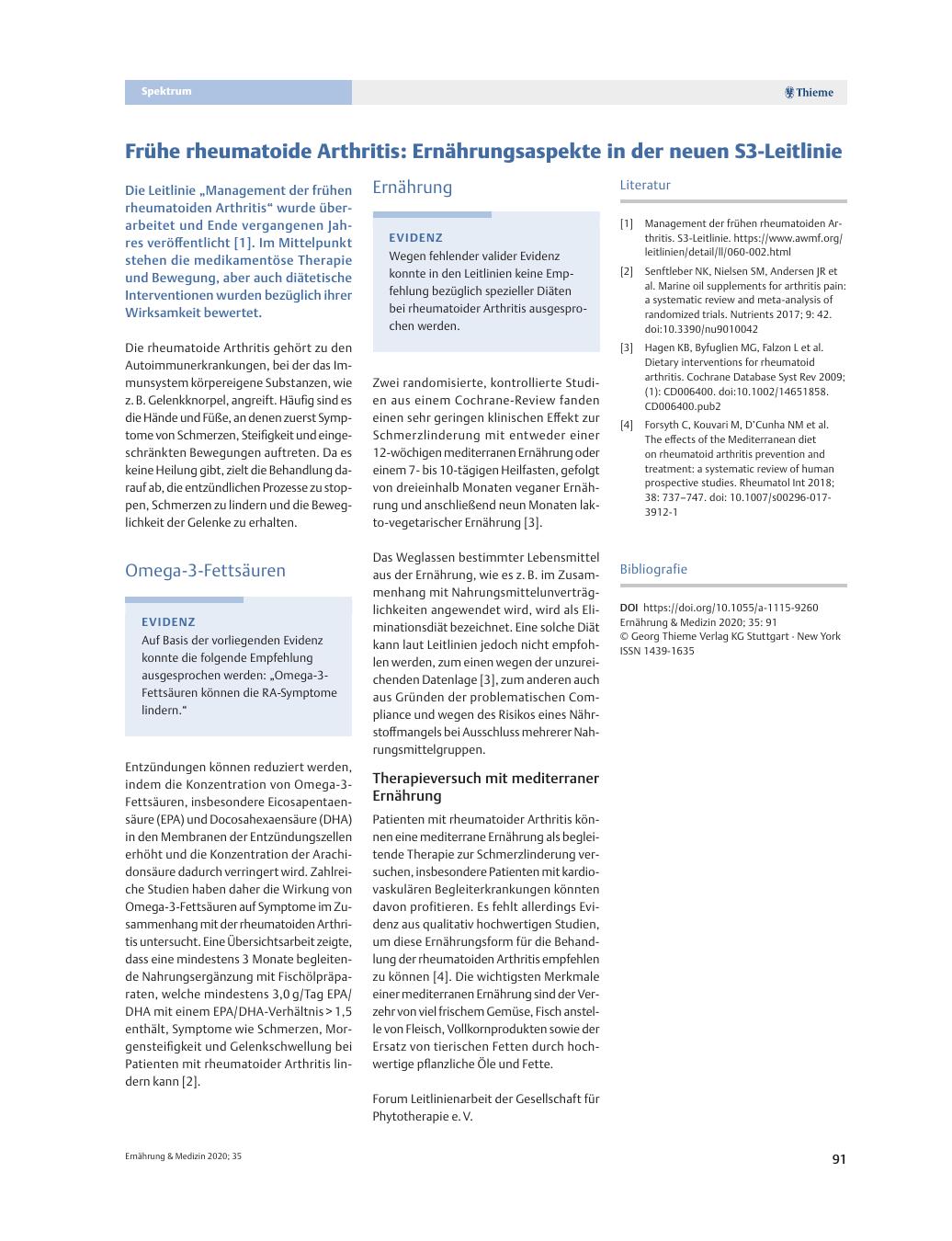 Vorschauseite 1: Frühe rheumatoide Arthritis: Ernährungsaspekte in der neuen S3-Leitlinie