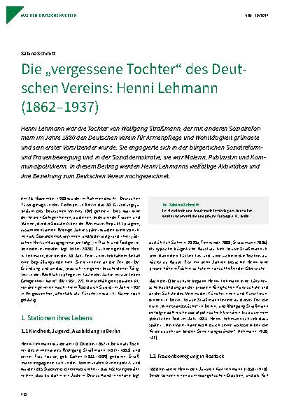 Vorschauseite 1: Die „vergessene Tochter“ des Deutschen Vereins: Henni Lehmann (1862 – 1937)