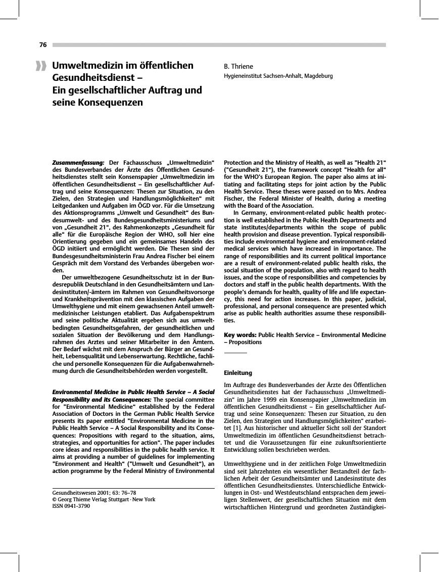 Vorschauseite 1: Umweltmedizin im öffentlichen Gesundheitsdienst - Ein gesellschaftlicher Auftrag und seine Konsequenzen