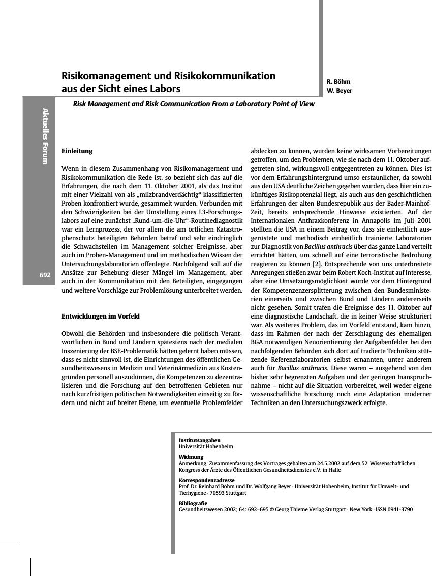 Vorschauseite 1: Risikomanagement und Risikokommunikation aus der Sicht eines Labors