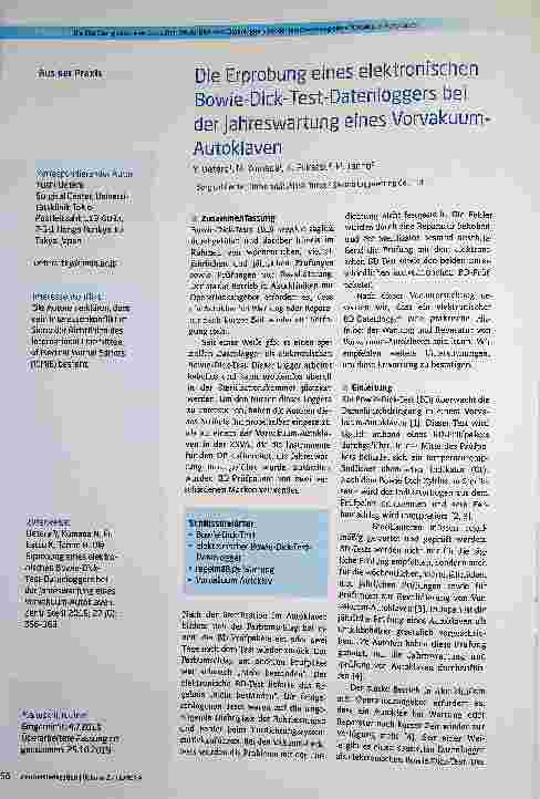 Vorschauseite 1: Die Erprobung eines elektronischen Bowie-Dick-Test-Datenloggers bei der Jahreswartung eines Vorvakuum-Autoklaven