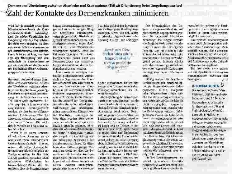 Vorschauseite 1: Demenz und Überleitung zwischen Altenheim und Krankenhaus (Teil 2): Orientierung beim UmgebungswechselZahl der Kontakte des Demenzkranken minimieren
