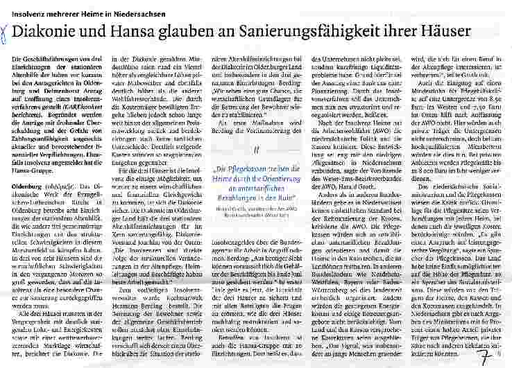 Vorschauseite 1: Diakonie und Hansa glauben an Sanierungsfahigkeit ihrer Häuser