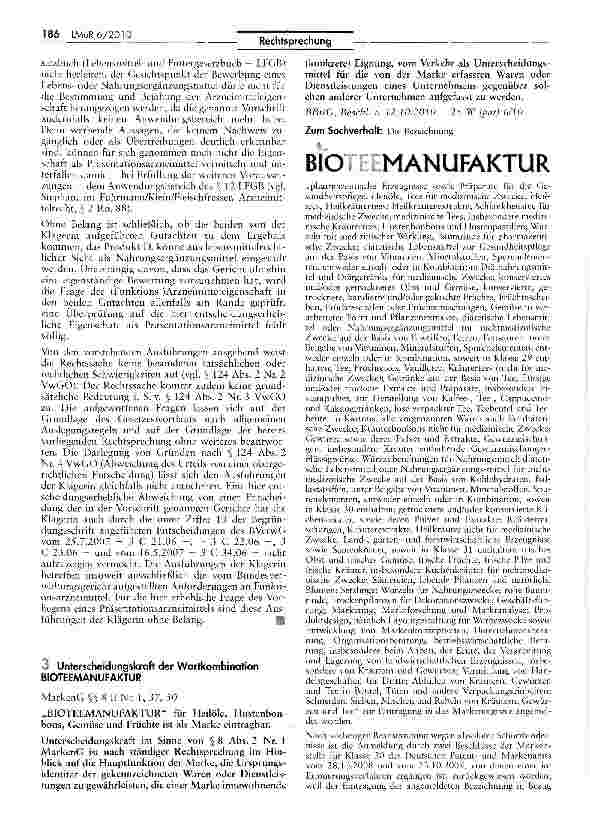 Vorschauseite 1: Unterscheidungskraft der Wortkombination BIOTEEMANUFAKTURMarkenG §§ 8 II Nr. 1, 37, 50