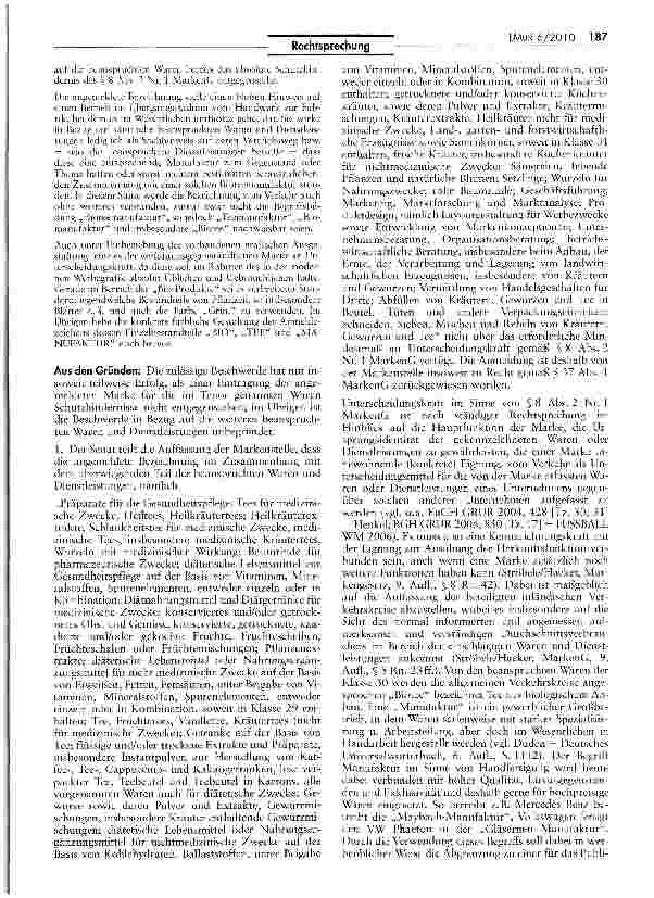 Vorschauseite 2: Unterscheidungskraft der Wortkombination BIOTEEMANUFAKTURMarkenG §§ 8 II Nr. 1, 37, 50