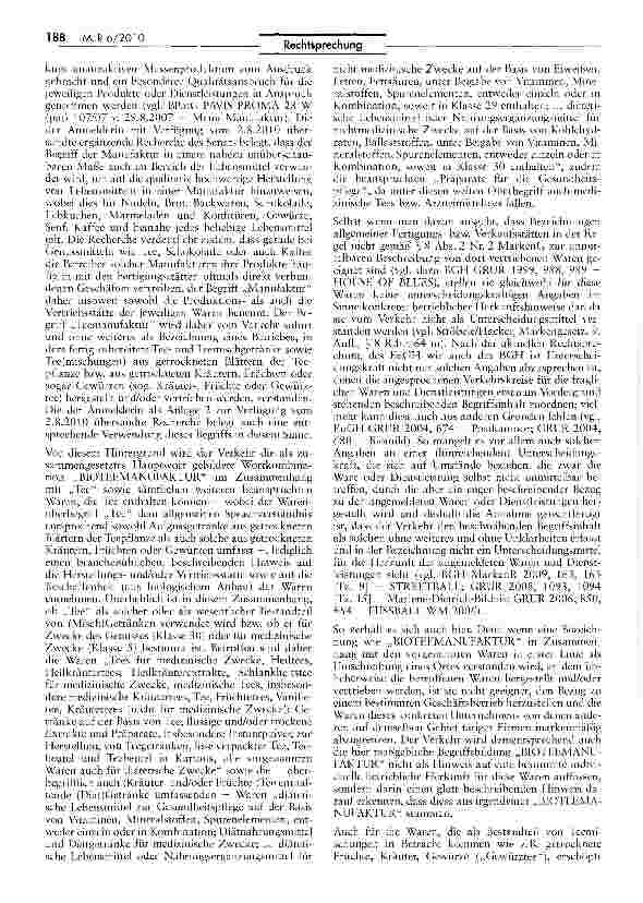 Vorschauseite 3: Unterscheidungskraft der Wortkombination BIOTEEMANUFAKTURMarkenG §§ 8 II Nr. 1, 37, 50