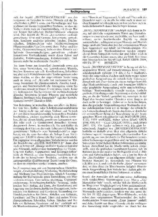 Vorschauseite 4: Unterscheidungskraft der Wortkombination BIOTEEMANUFAKTURMarkenG §§ 8 II Nr. 1, 37, 50