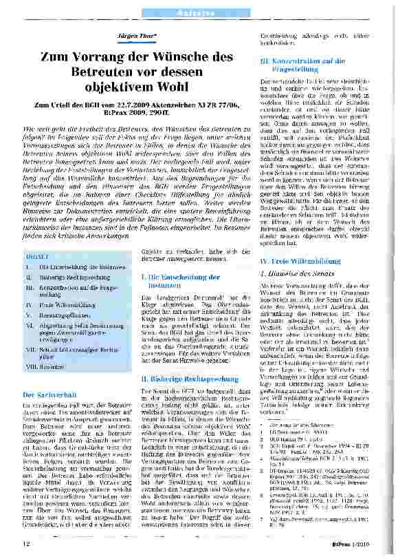 Vorschauseite 1: Zum Vorrang der Wünsche des Betreuten vor dessen objektivem Wohl