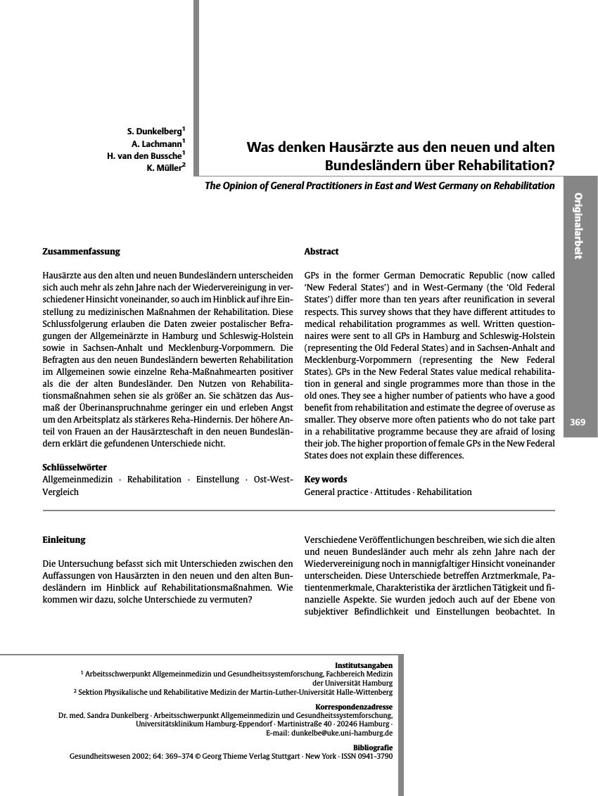 Vorschauseite 1: Was denken Hausärzte aus den neuen und alten Bundesländern über Rehabilitation?