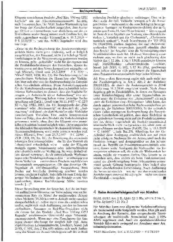 Vorschauseite 1: Keine Arzneimitteleigenschaft von Misteltee EGRL 01/83 Art. 2 II; AMG §§ 2 lila, 69 I S. 2 Nr. 1, 109a; ApBetrO § 25 Nr. 2