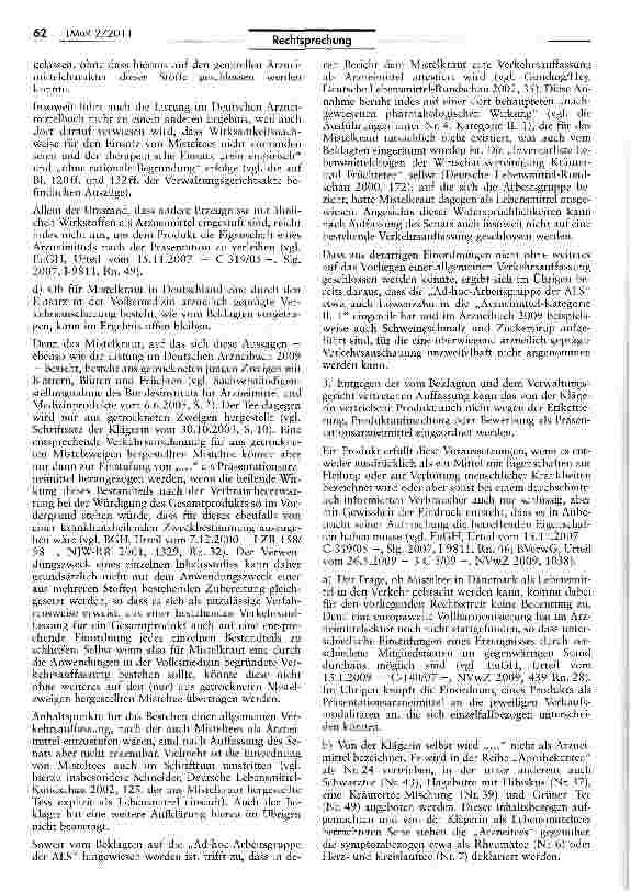 Vorschauseite 4: Keine Arzneimitteleigenschaft von Misteltee EGRL 01/83 Art. 2 II; AMG §§ 2 lila, 69 I S. 2 Nr. 1, 109a; ApBetrO § 25 Nr. 2