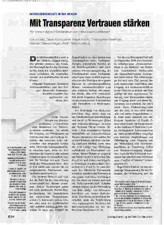 Vorschauseite 1: INTERESSENKONFLIKTE IN DER MEDIZIN 1 Mit Transparenz Vertrauen stärken