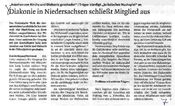 Vorschauseite 1: Diakonie in Niedersachsen schließt Mitglied aus